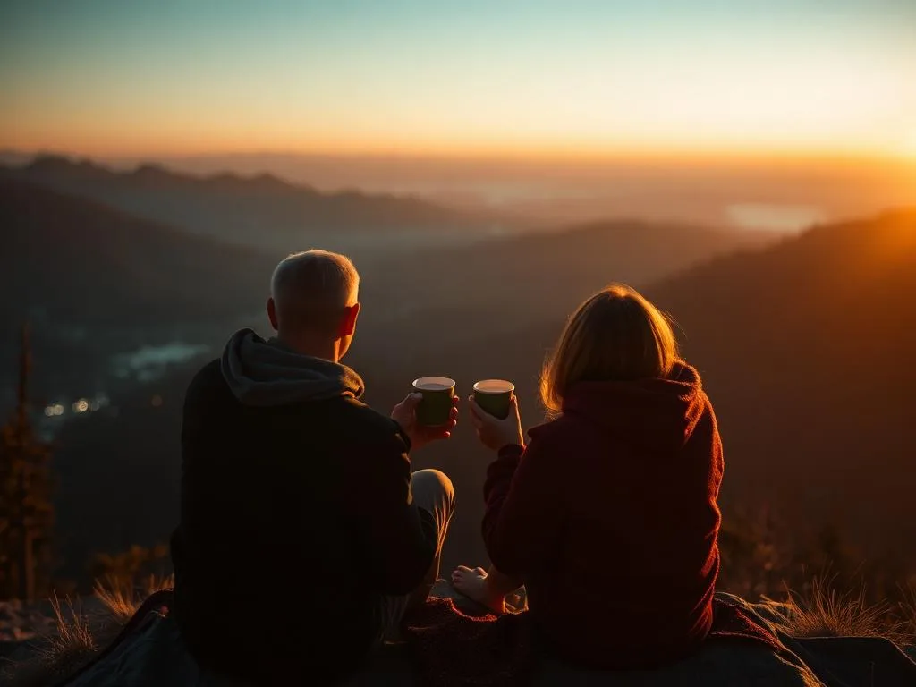 Sunrise on the overlook, two cups of bad coffee